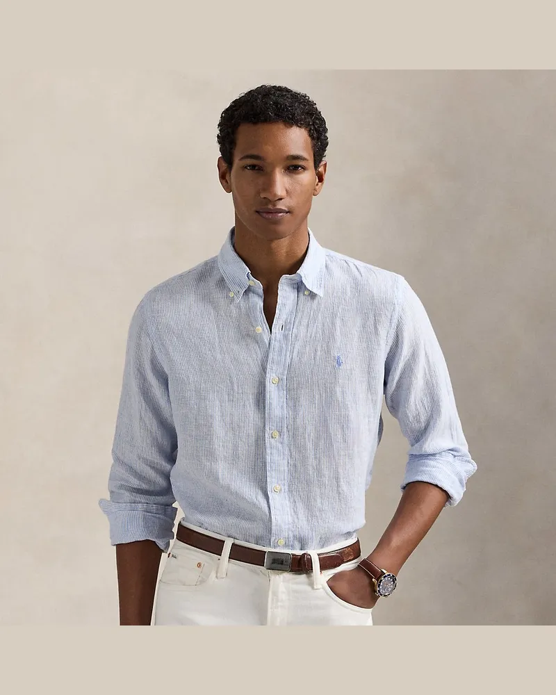 Ralph Lauren Gestreiftes Custom-Fit Leinenhemd Blue