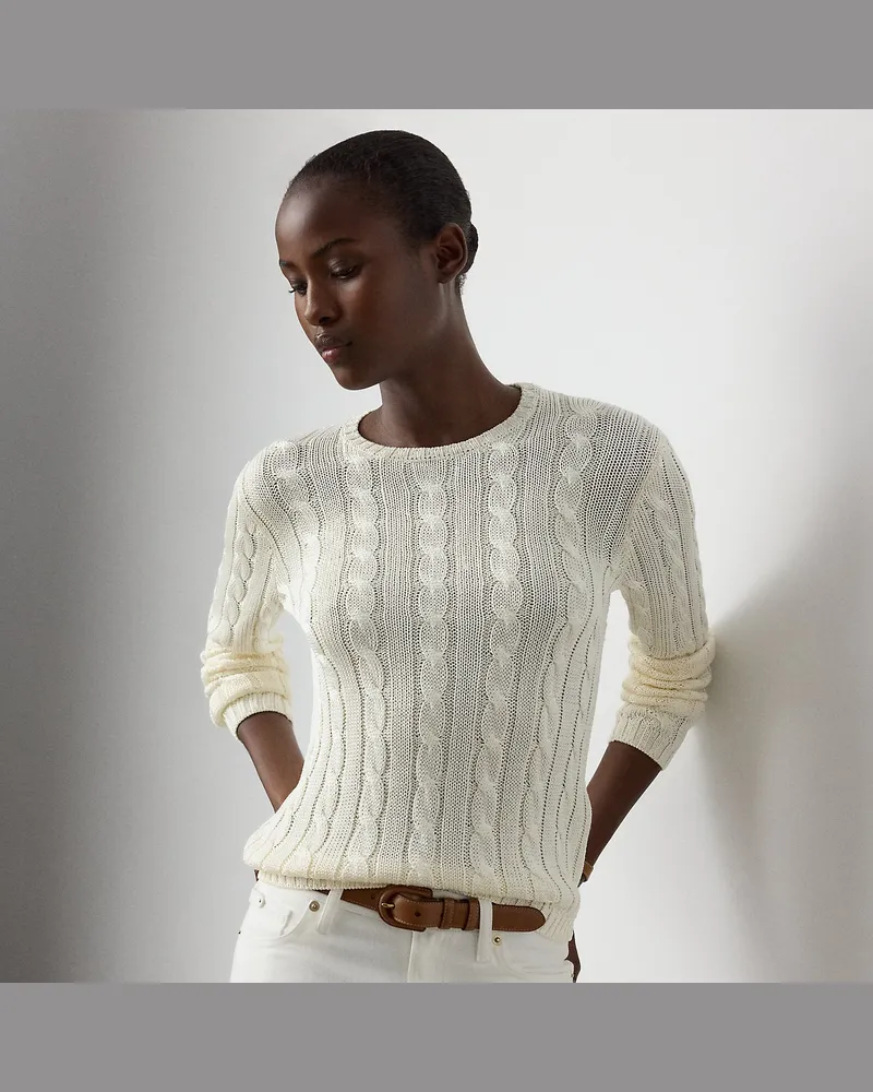 Ralph Lauren Seiden-Rundhalspullover mit Zopfmuster Cream