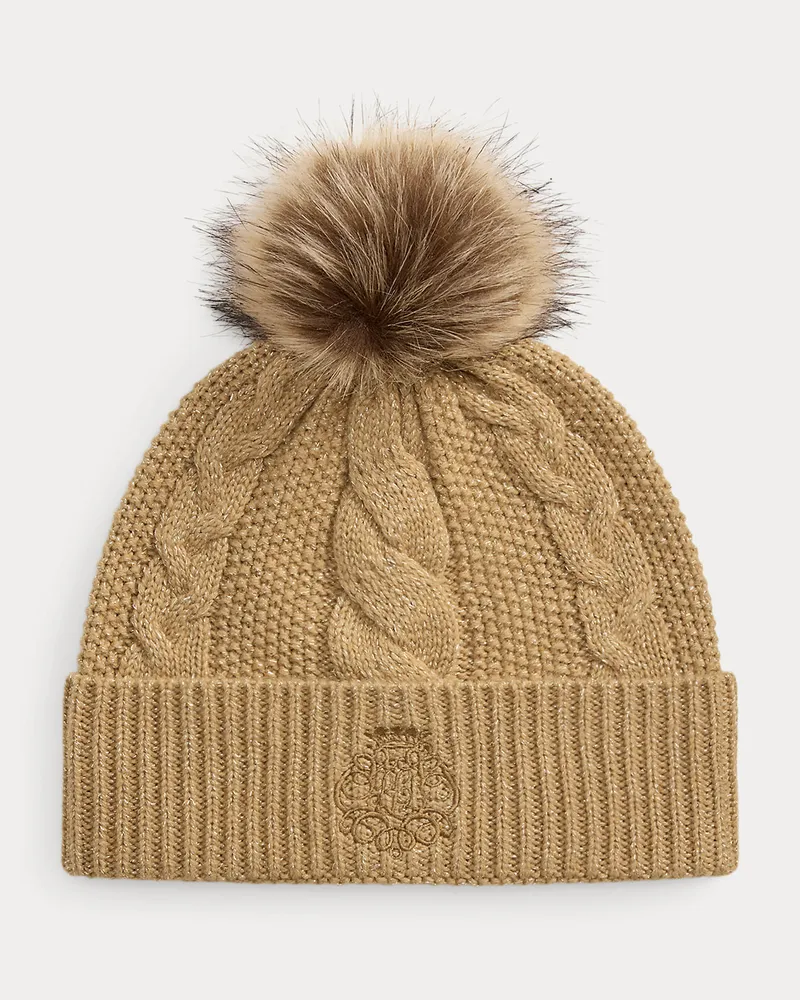 Ralph Lauren Bommelmütze mit Zopfmuster und Wappen Tan
