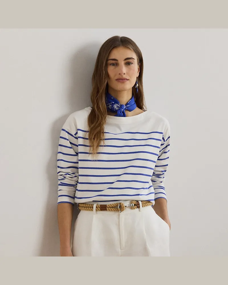 Ralph Lauren Gestreiftes Top mit U-Boot-Ausschnitt White