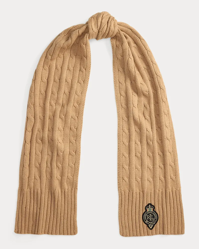 Ralph Lauren Schal mit Zopfmuster und Wappenaufnäher Tan
