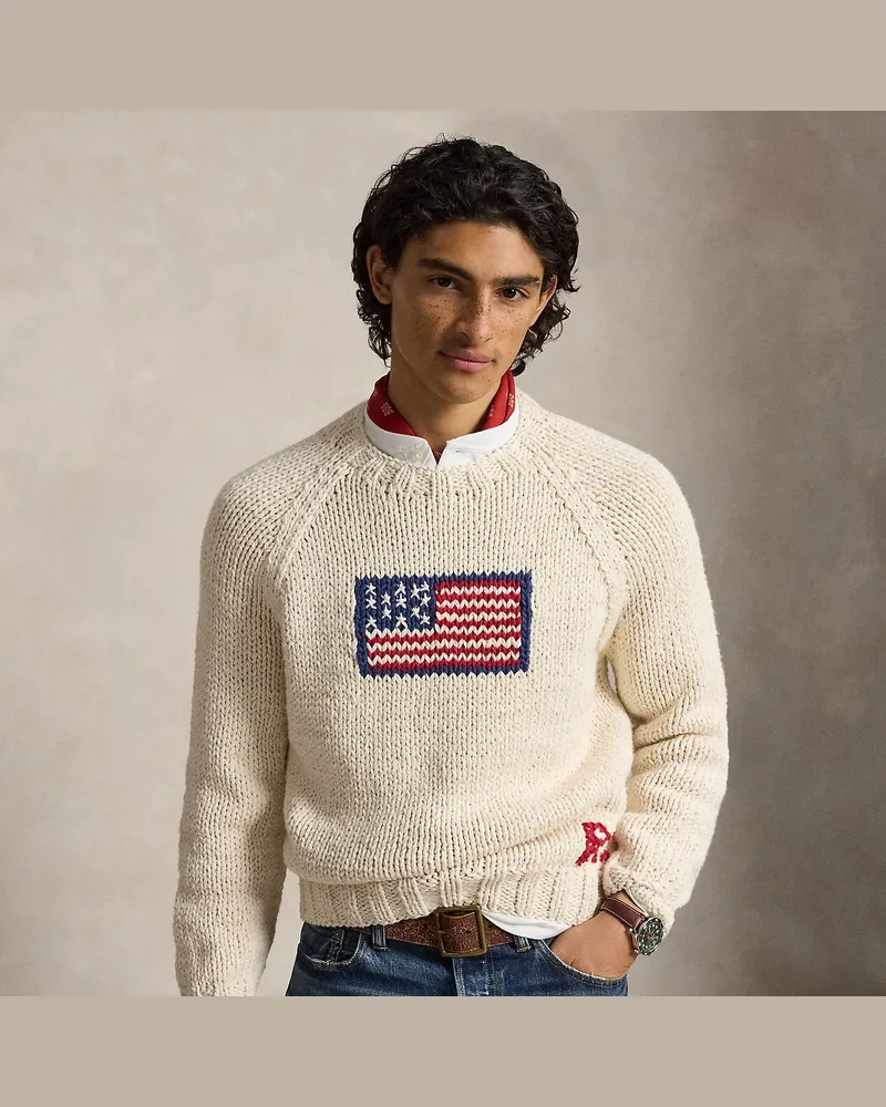 Ralph Lauren Handgestrickter Pullover mit US-Flagge Cream
