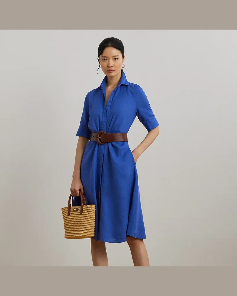Ralph Lauren Kurzgrößen - Leinenhemdkleid mit Bindedetail Blue