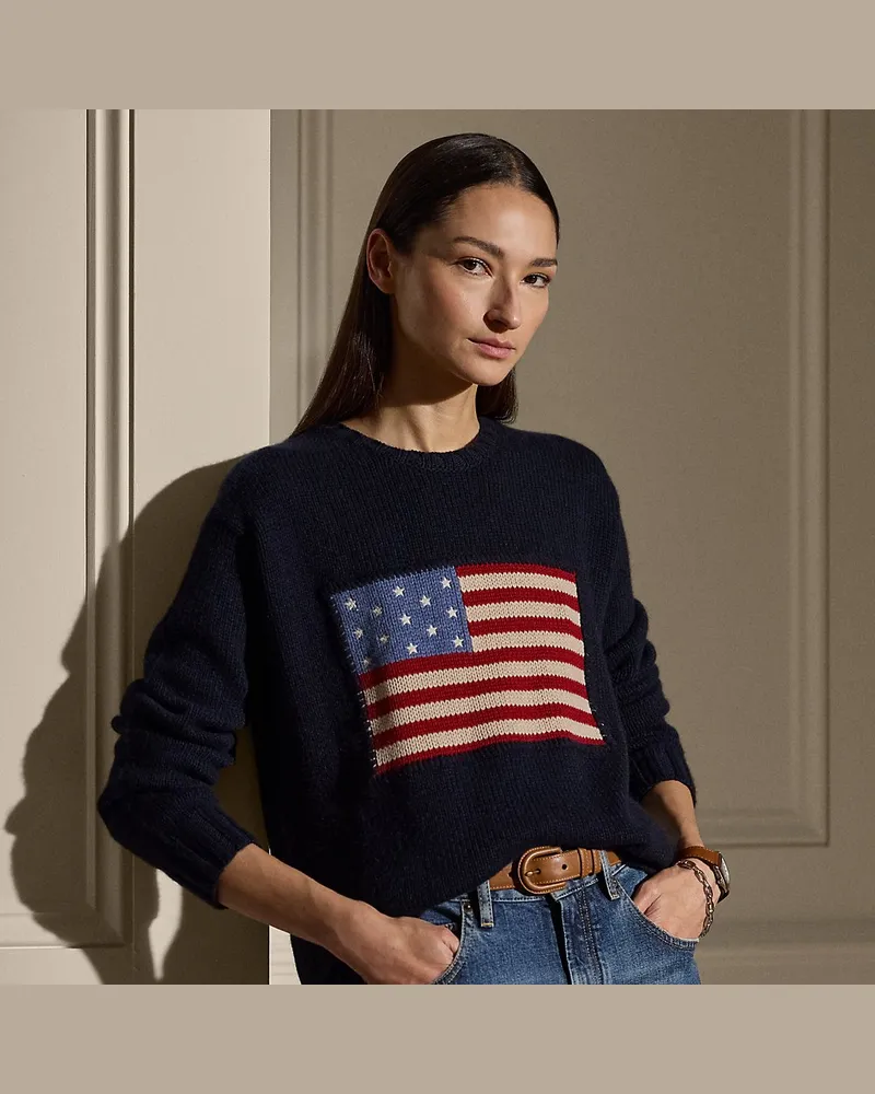 Ralph Lauren Kaschmir-Rundhalspullover mit US-Flagge Blue