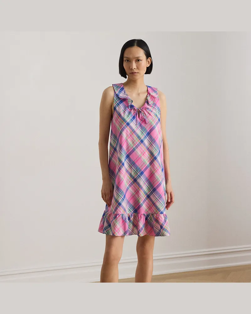 Ralph Lauren Kariertes Batist-Nachthemd mit Rüschen Pink