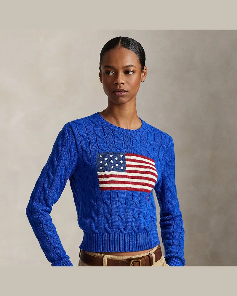 Ralph Lauren Kurzer Zopfmusterpullover mit US-Flagge Blue