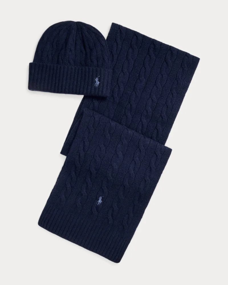 Ralph Lauren Kaschmirmütze und -schal mit Zopfmuster Blue