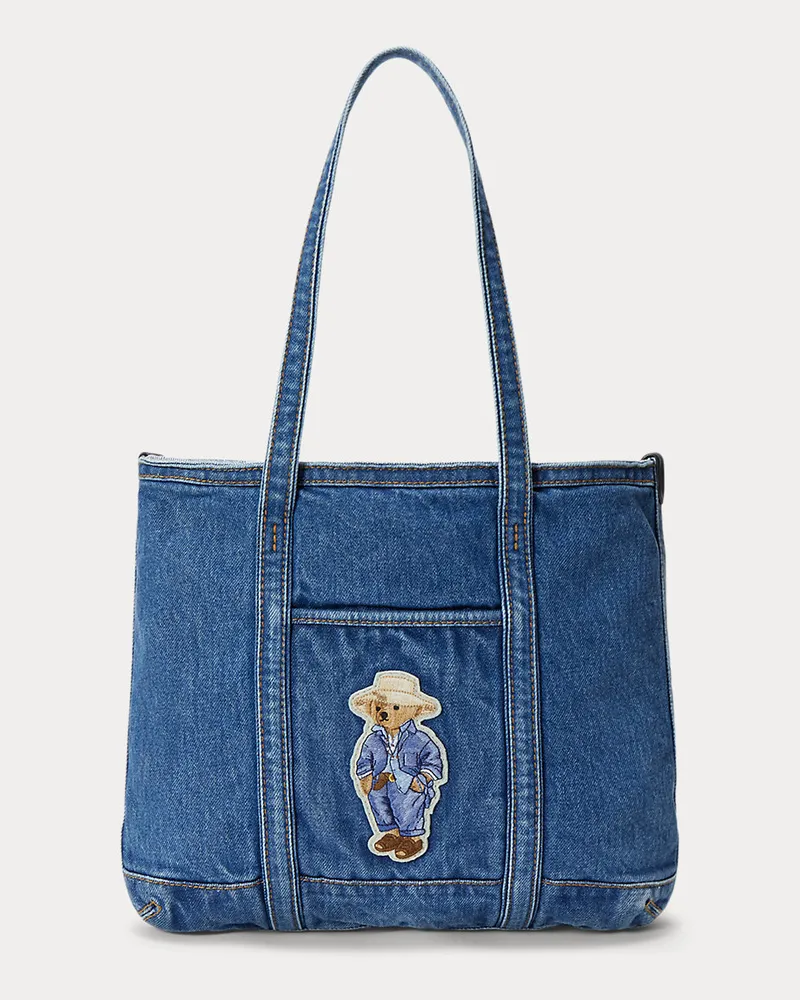 Ralph Lauren Kleine Denim-Tragetasche mit Polo Bear Blue