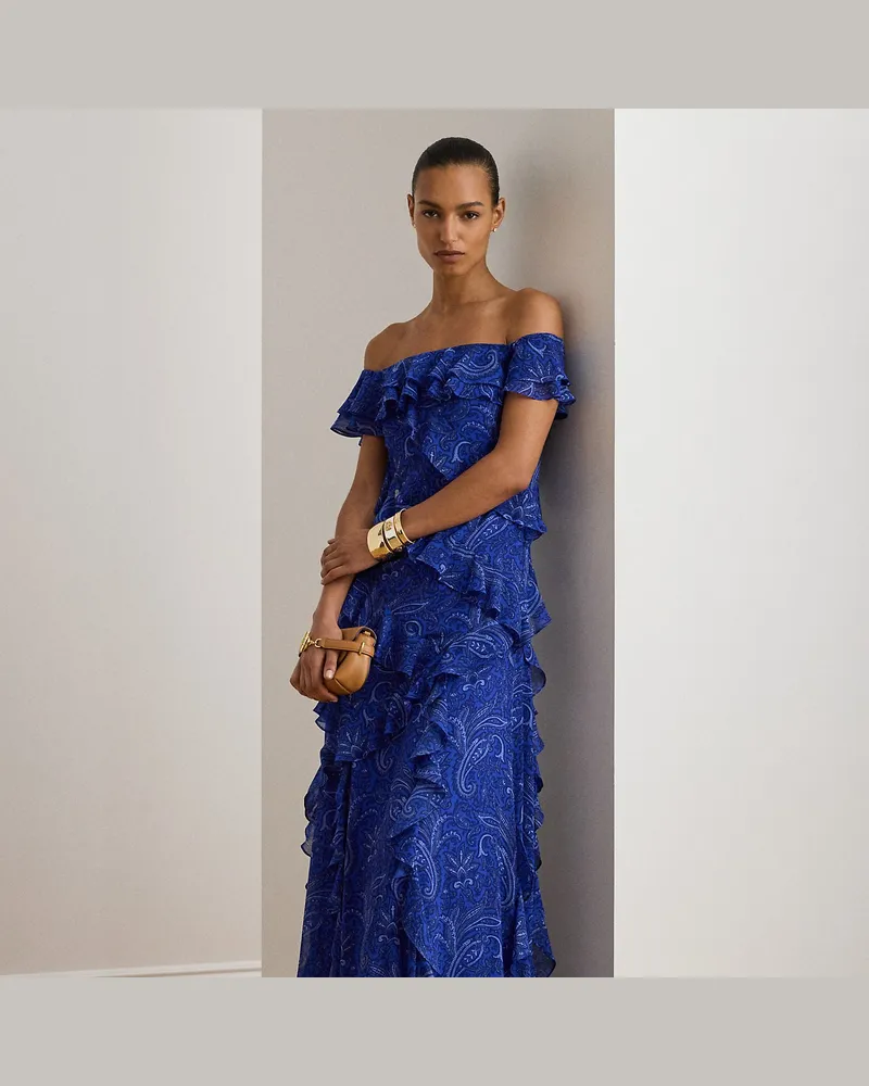 Ralph Lauren Schulterfreies Abendkleid mit Rüschen Blue