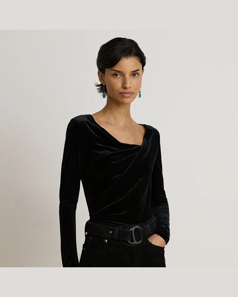 Ralph Lauren Plissiertes asymmetrisches Samtoberteil Black