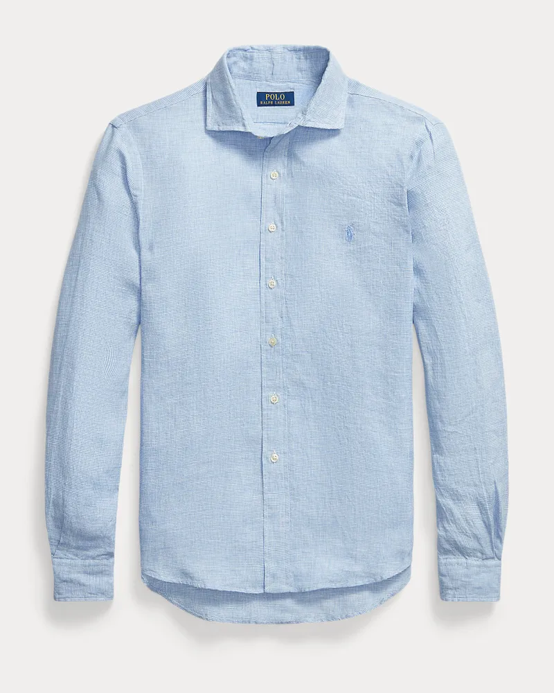 Ralph Lauren Custom-Fit Hahnentritt-Hemd aus Leinen Blue