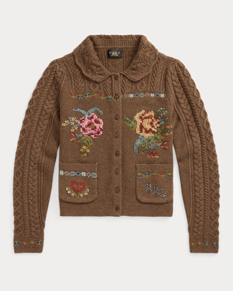 Ralph Lauren Handbestickte Wollmisch-Strickjacke Brown