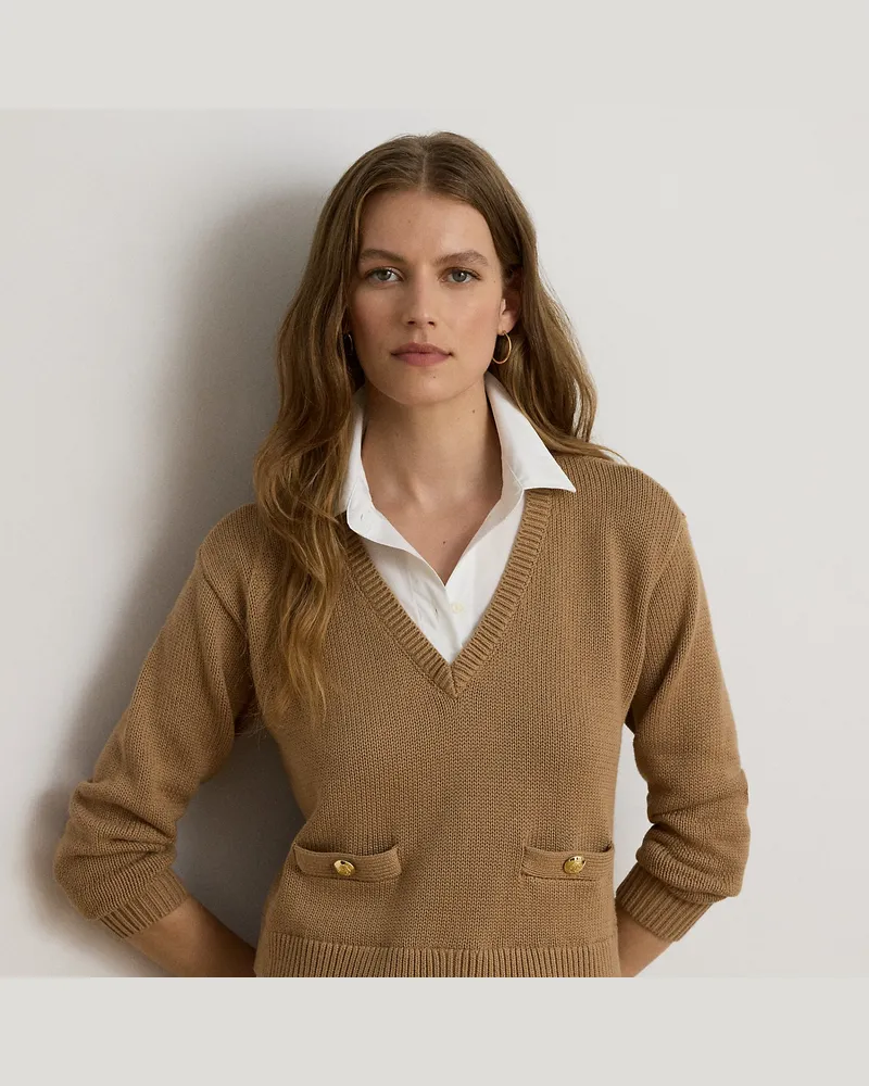 Ralph Lauren Kurzgrößen - Lagenlook-Baumwollpullover mit Knöpfen Tan