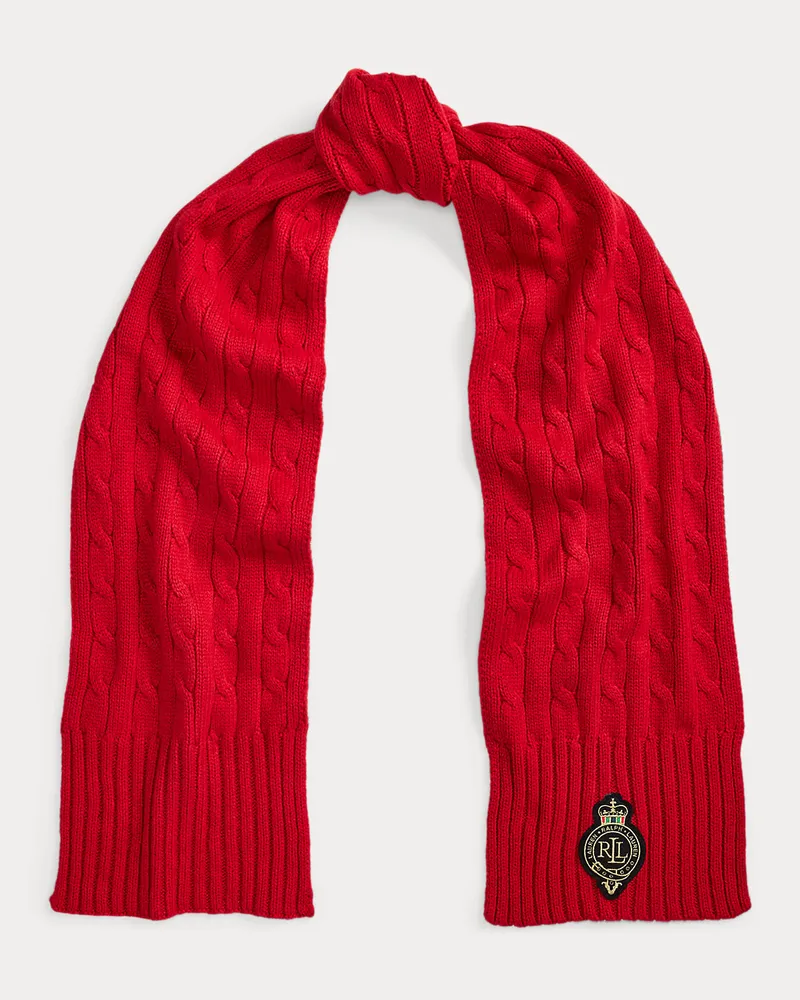 Ralph Lauren Schal mit Zopfmuster und Wappenaufnäher Red