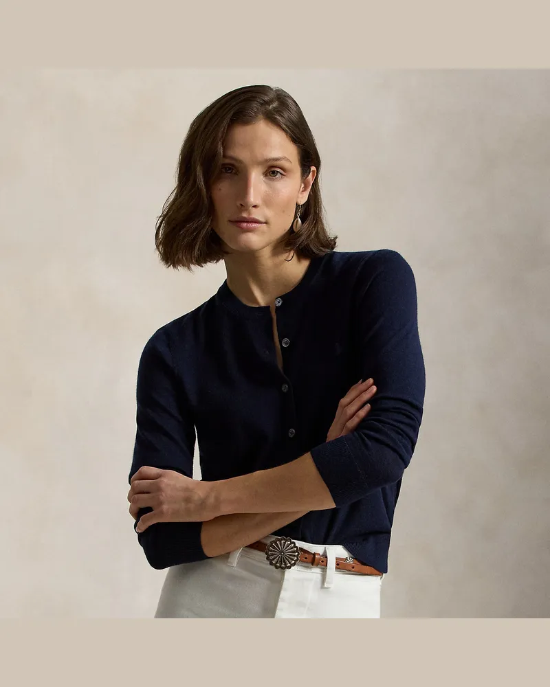 Ralph Lauren Woll-Strickjacke mit Rundhalsausschnitt Blue