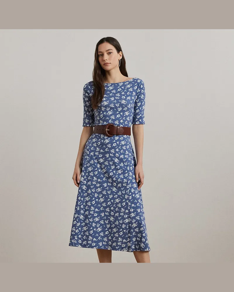 Ralph Lauren Geblümtes Midikleid aus Baumwollstretch Blue