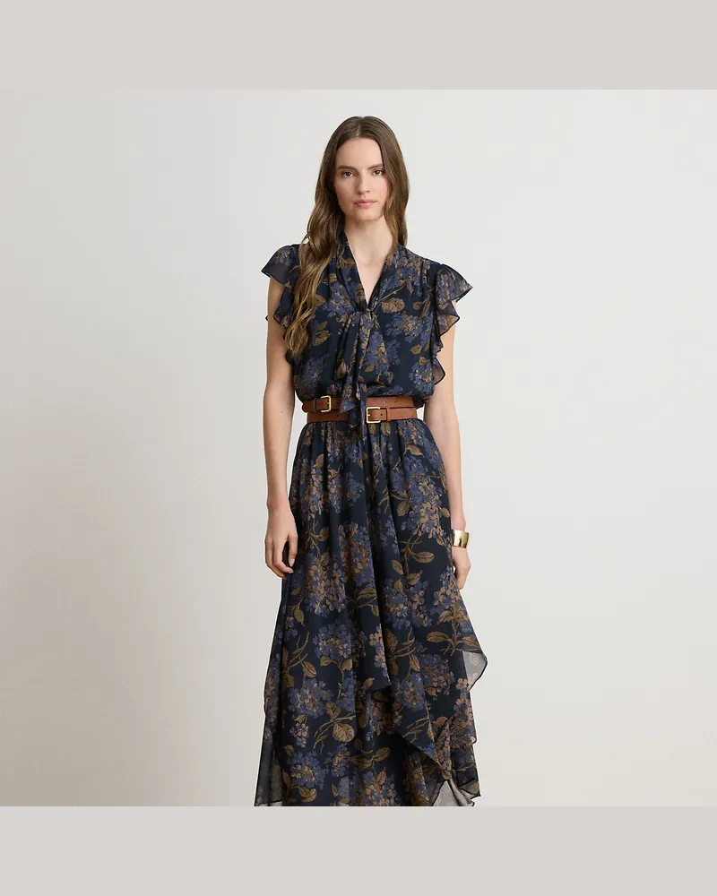 Ralph Lauren Geblümtes Kleid mit Bindebändern Blue