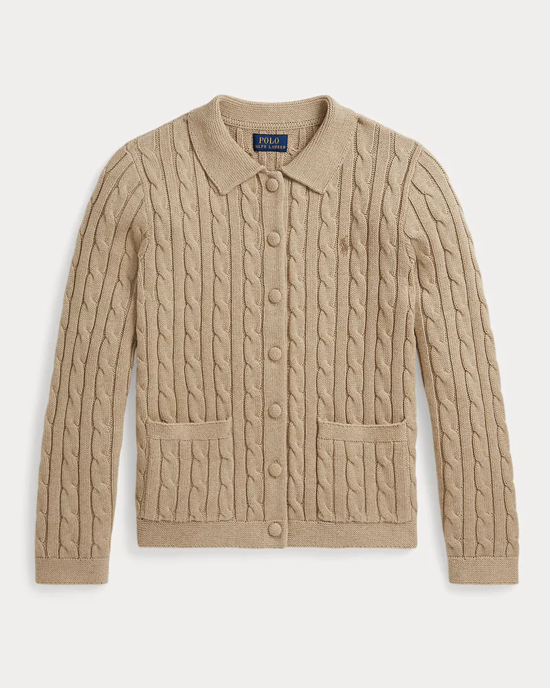 Ralph Lauren Strickjacke mit Zopfmuster und Kragen Tan