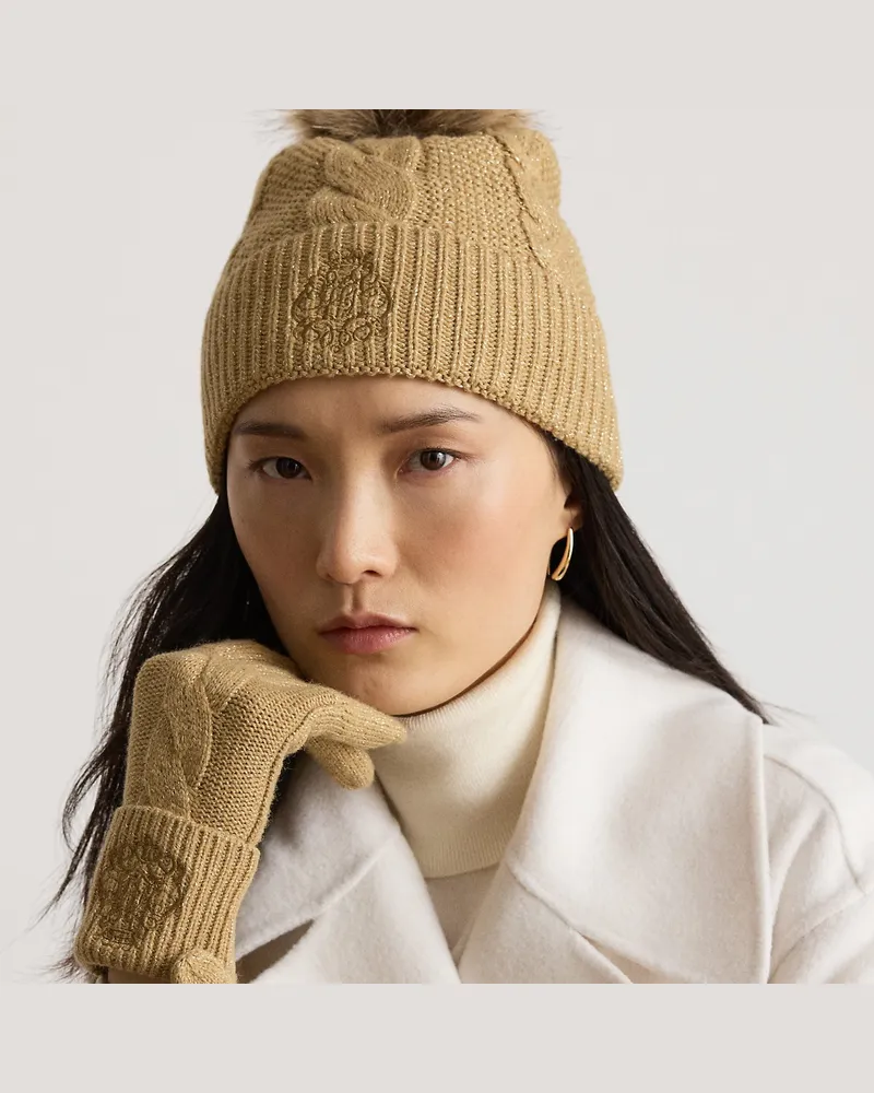Ralph Lauren Bommelmütze mit Zopfmuster und Wappen Tan