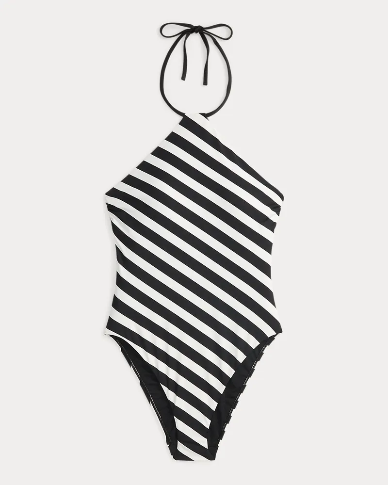 Ralph Lauren Gestreifter Neckholder-Badeanzug Black