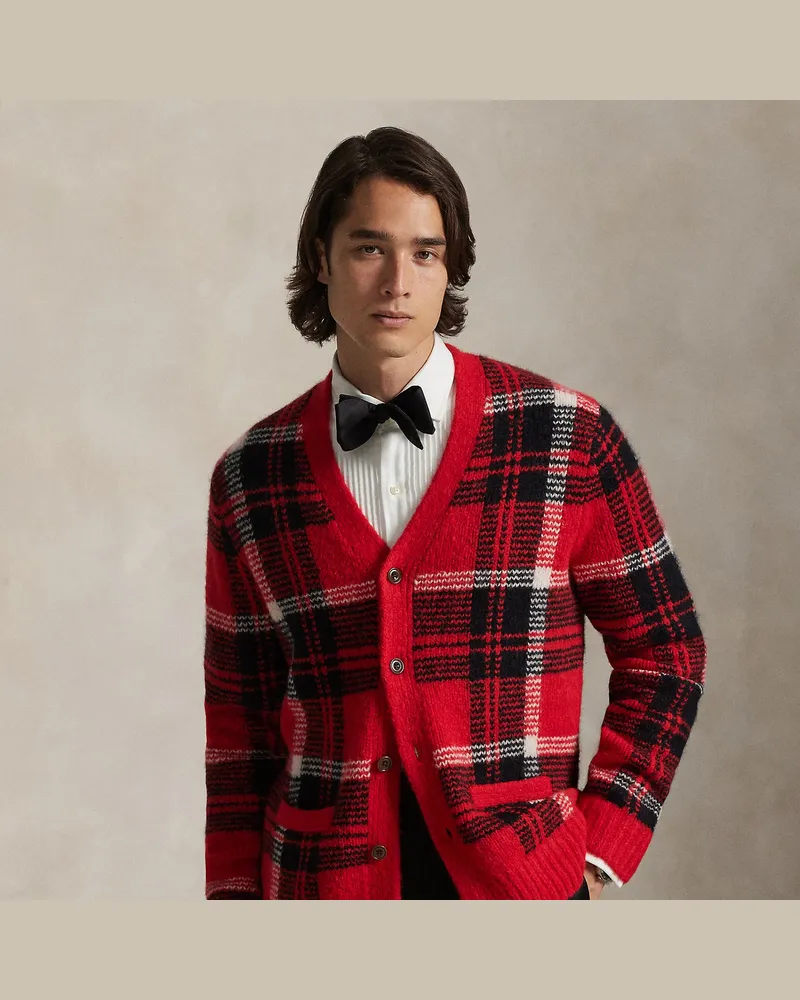 Ralph Lauren Karierte Strickjacke mit Wildlederbesatz Red