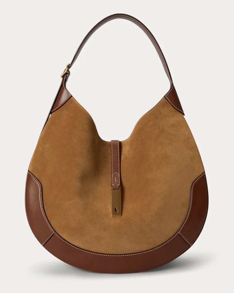 Ralph Lauren Große Wildleder-Schultertasche Polo ID Brown