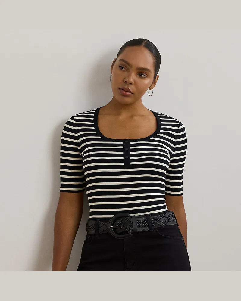 Ralph Lauren Plus Größen - Gestreiftes Henley-Oberteil Black