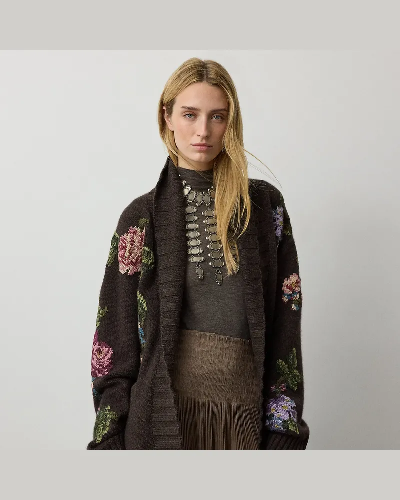 Ralph Lauren Geblümte Strickjacke aus Kaschmir Brown