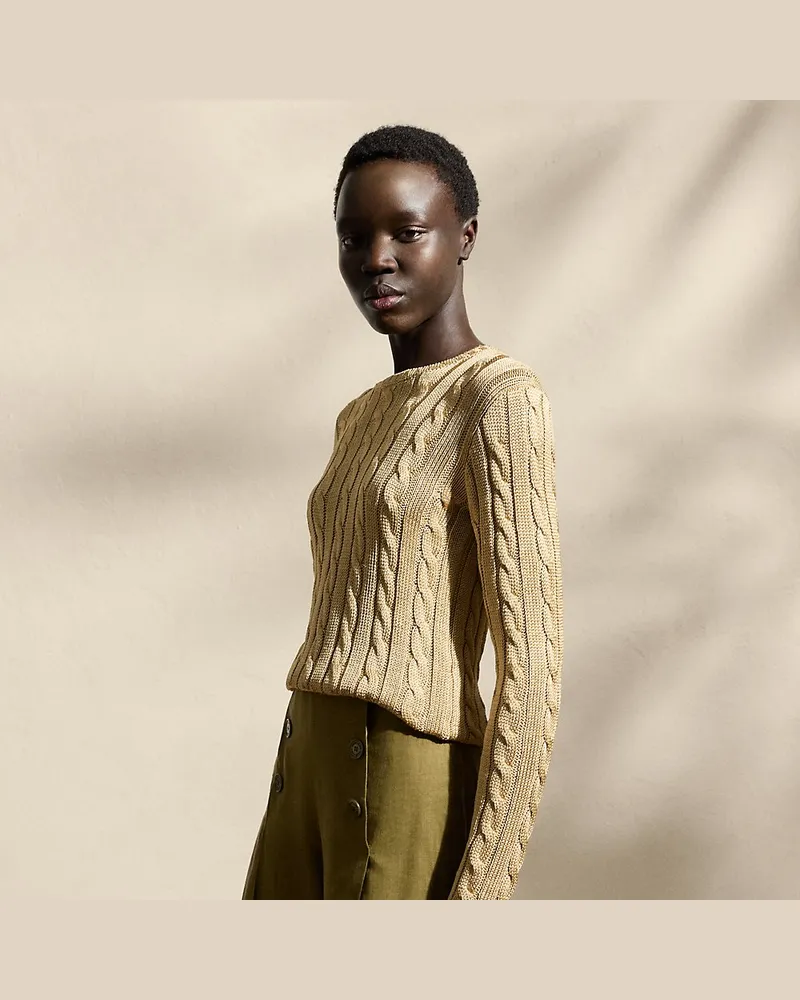 Ralph Lauren Seiden-Rundhalspullover mit Zopfmuster Tan