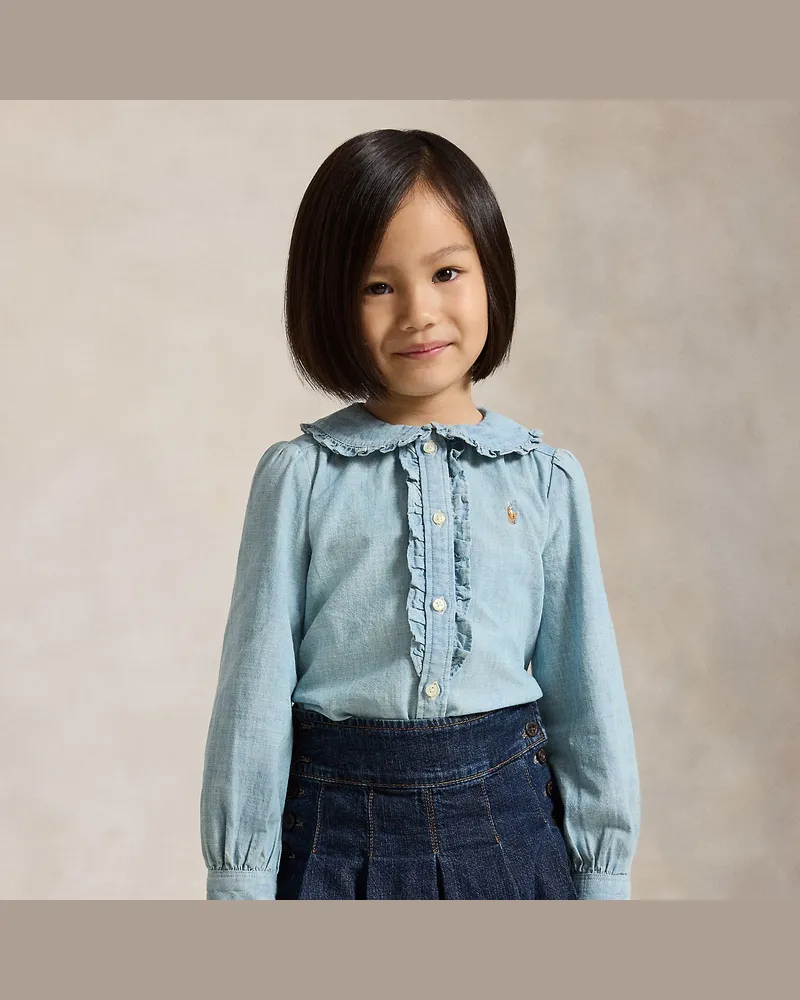 Ralph Lauren Baumwollchambray-Oberteil mit Rüschen Blue