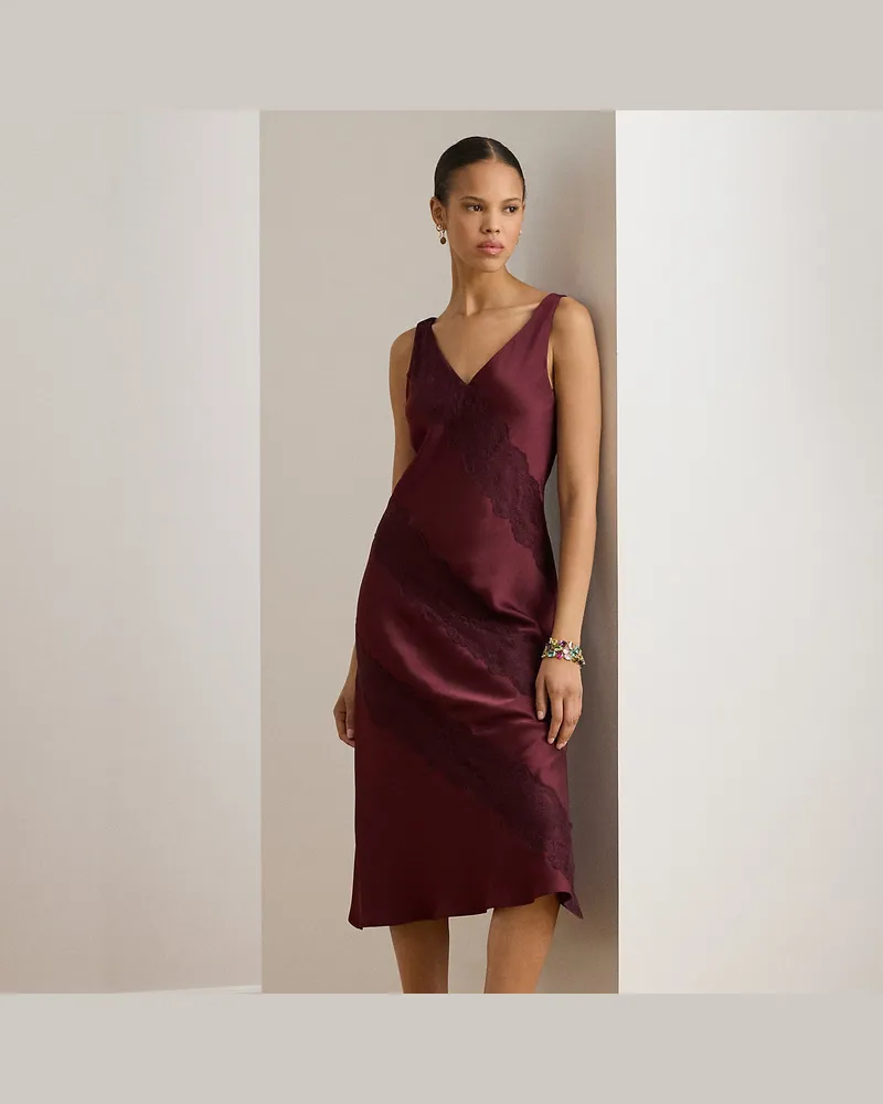 Ralph Lauren Charmeuse-Cocktailkleid mit Spitze Red
