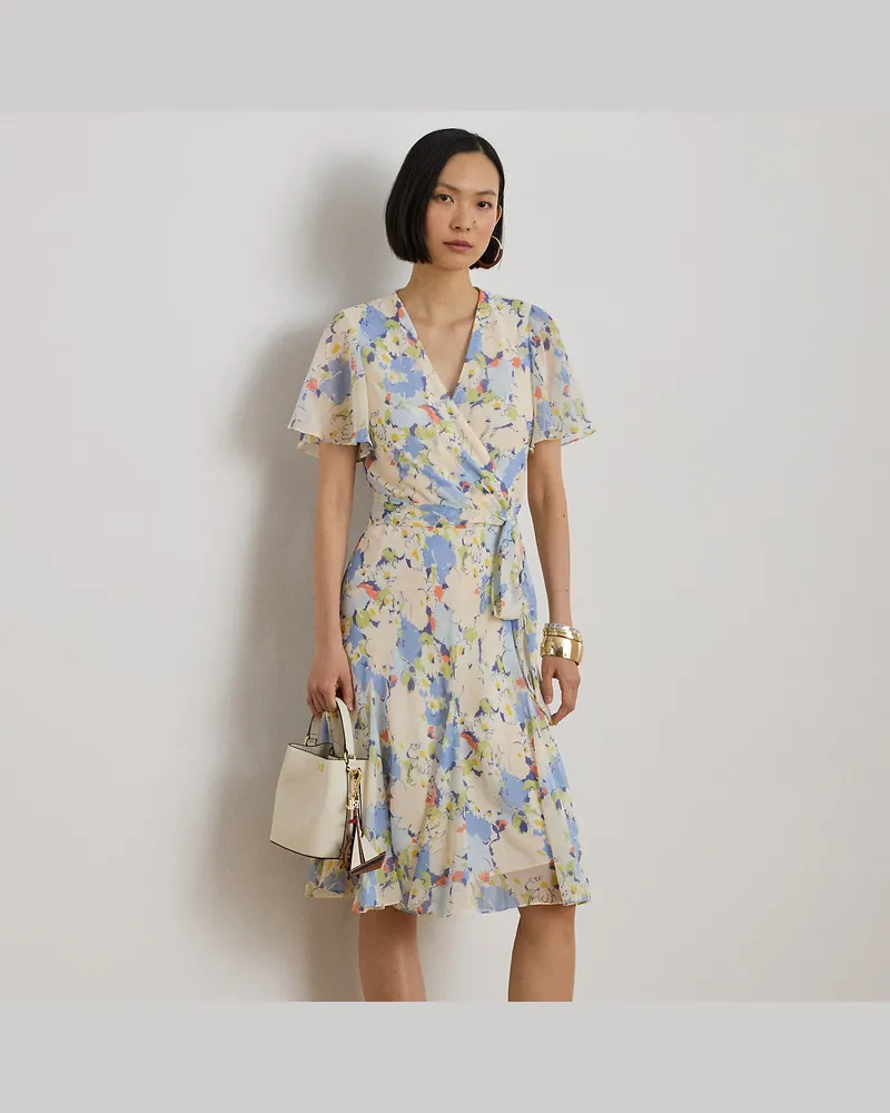 Ralph Lauren Geblümtes Kleid aus Knittergeorgette Blue