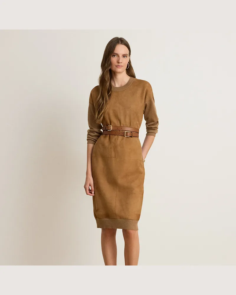 Ralph Lauren Woll-Pulloverkleid mit Ziegenwildleder Tan