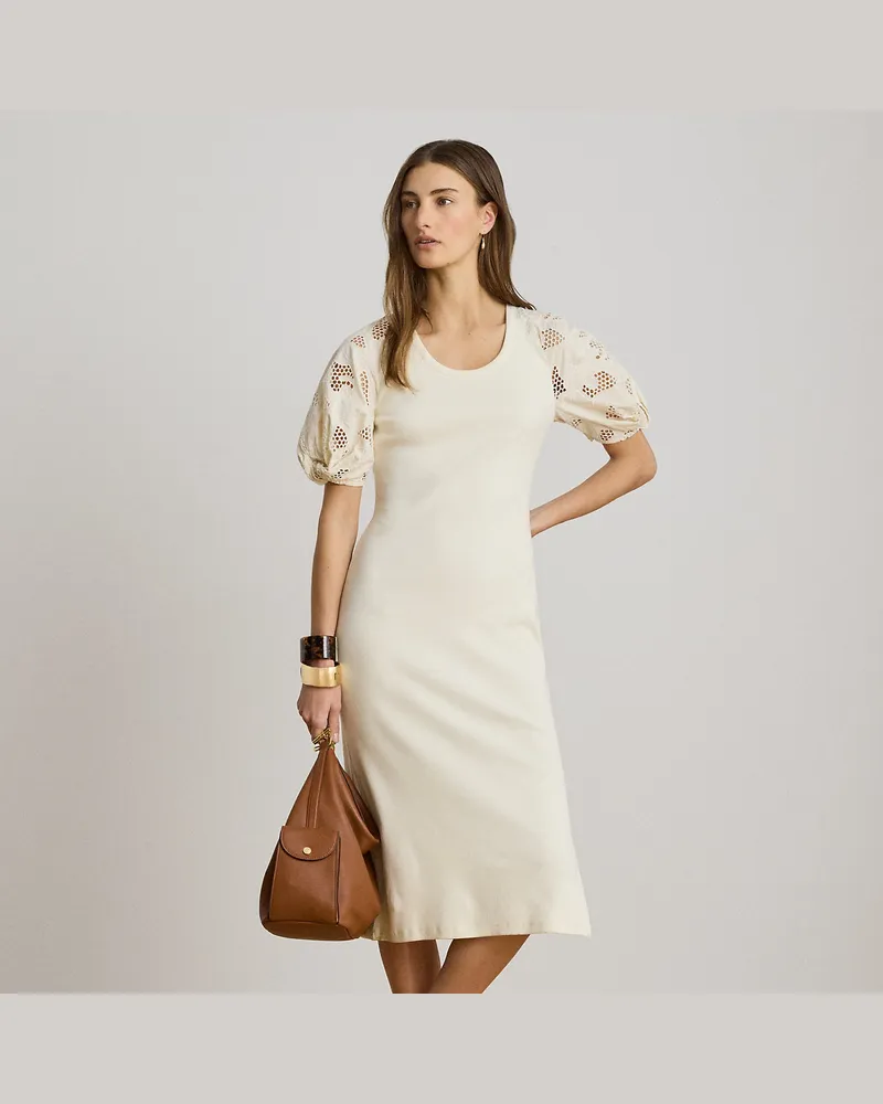Ralph Lauren Rippenstrickkleid mit Puffärmeln Cream