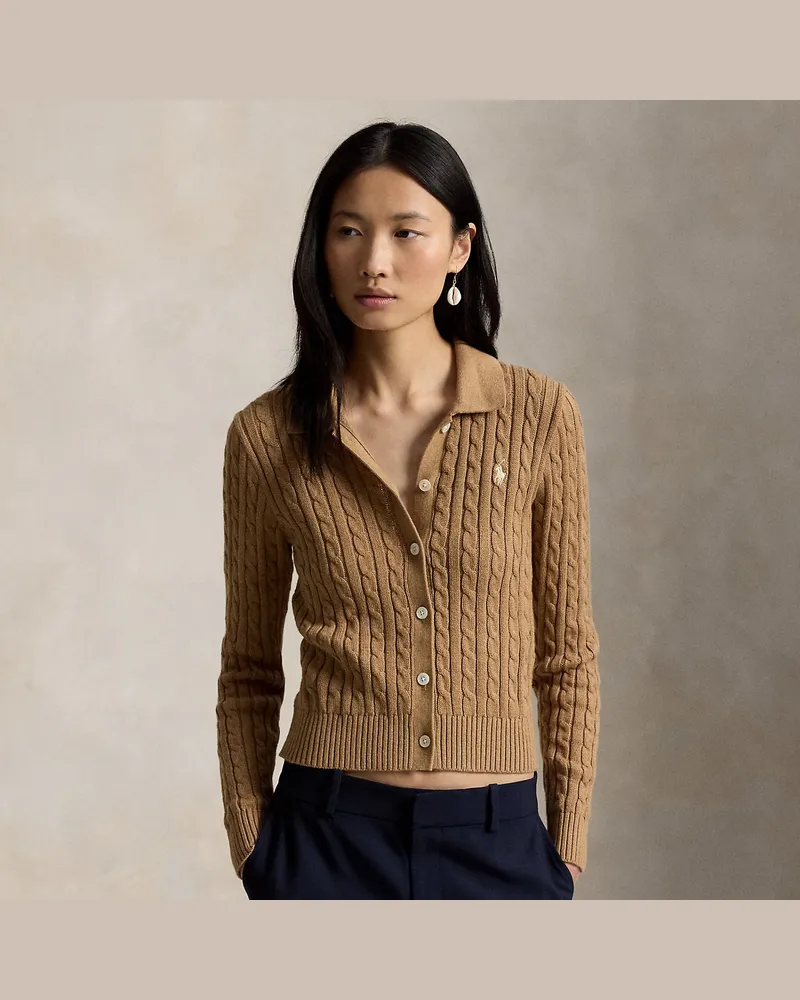 Ralph Lauren Polo-Baumwollstrickjacke mit Zopfmuster Tan