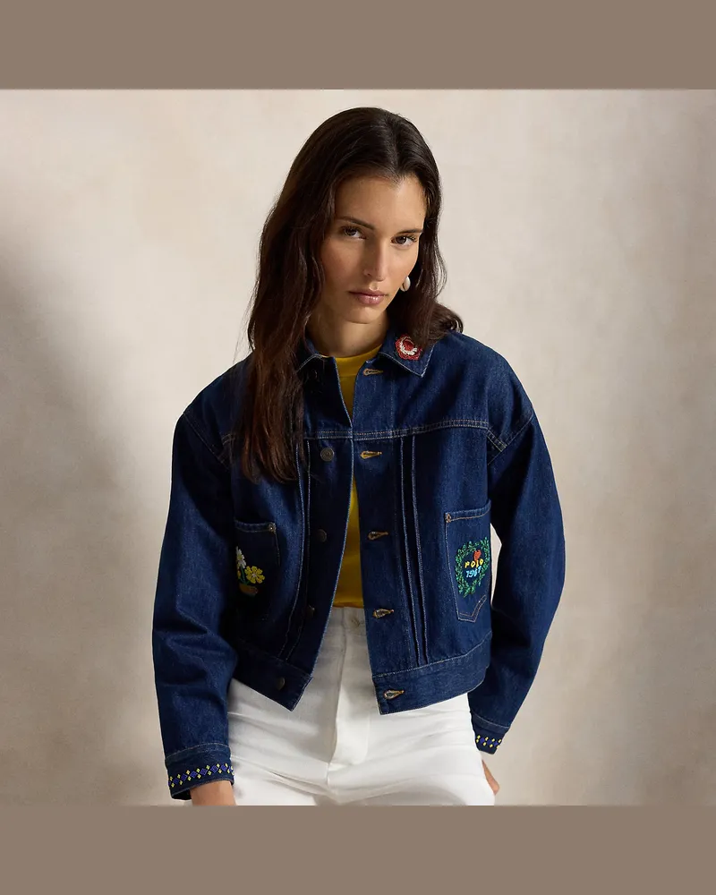 Ralph Lauren Denim-Truckerjacke mit Perlenstickerei Blue