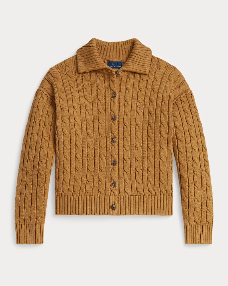 Ralph Lauren Strickjacke mit Zopfmuster und Kragen Tan