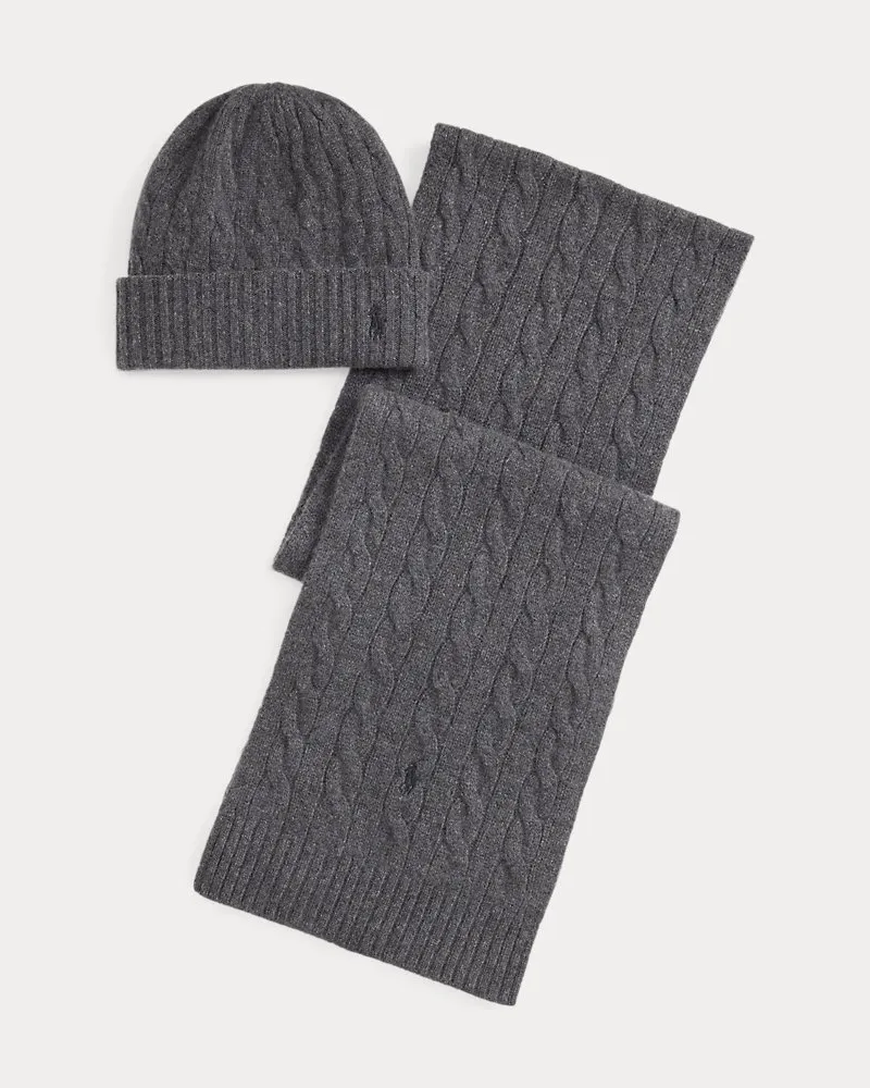 Ralph Lauren Kaschmirmütze und -schal mit Zopfmuster Grey