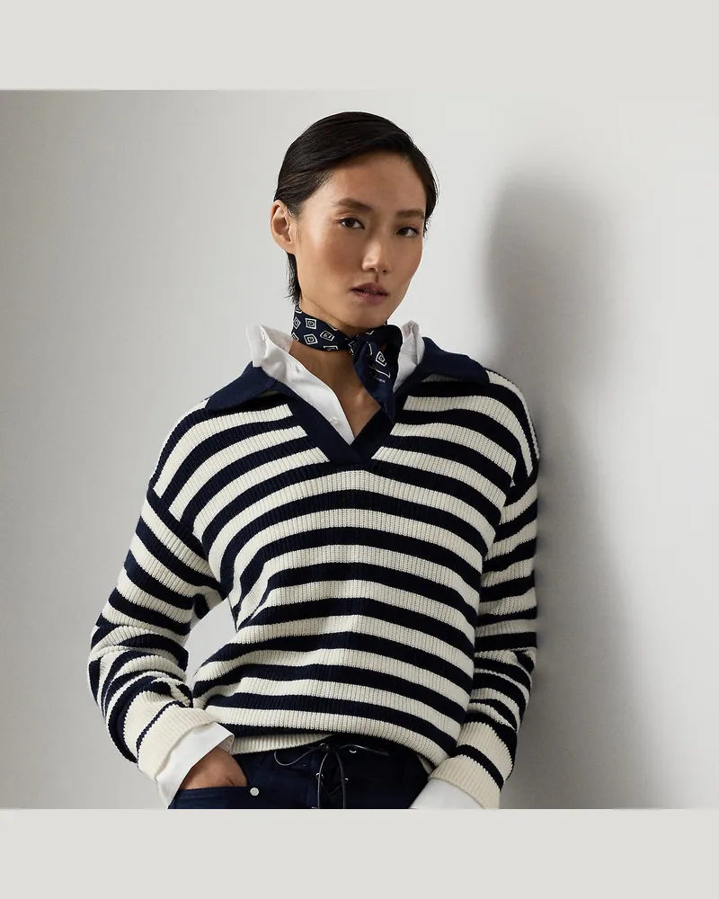 Ralph Lauren Gestreifter Polo-Pullover aus Kaschmir Blue