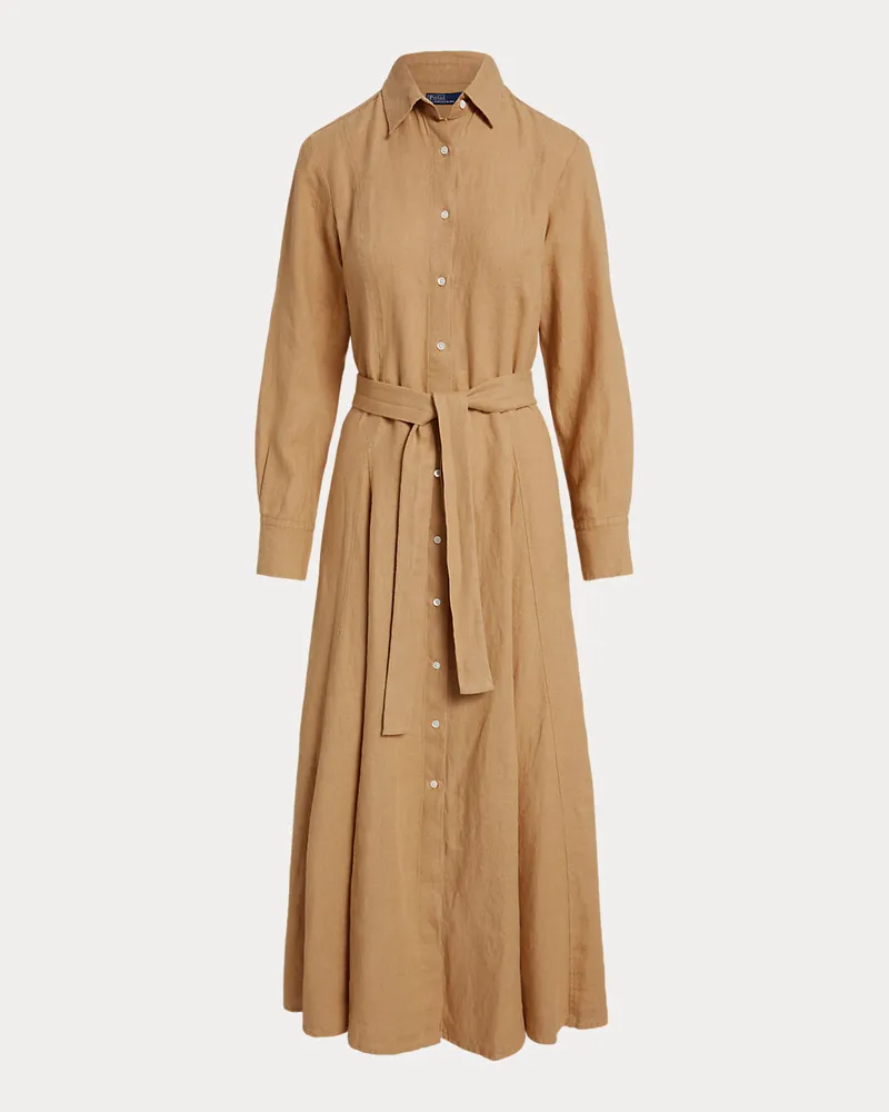 Ralph Lauren Leinen-Hemdkleid mit Bindebändern Tan
