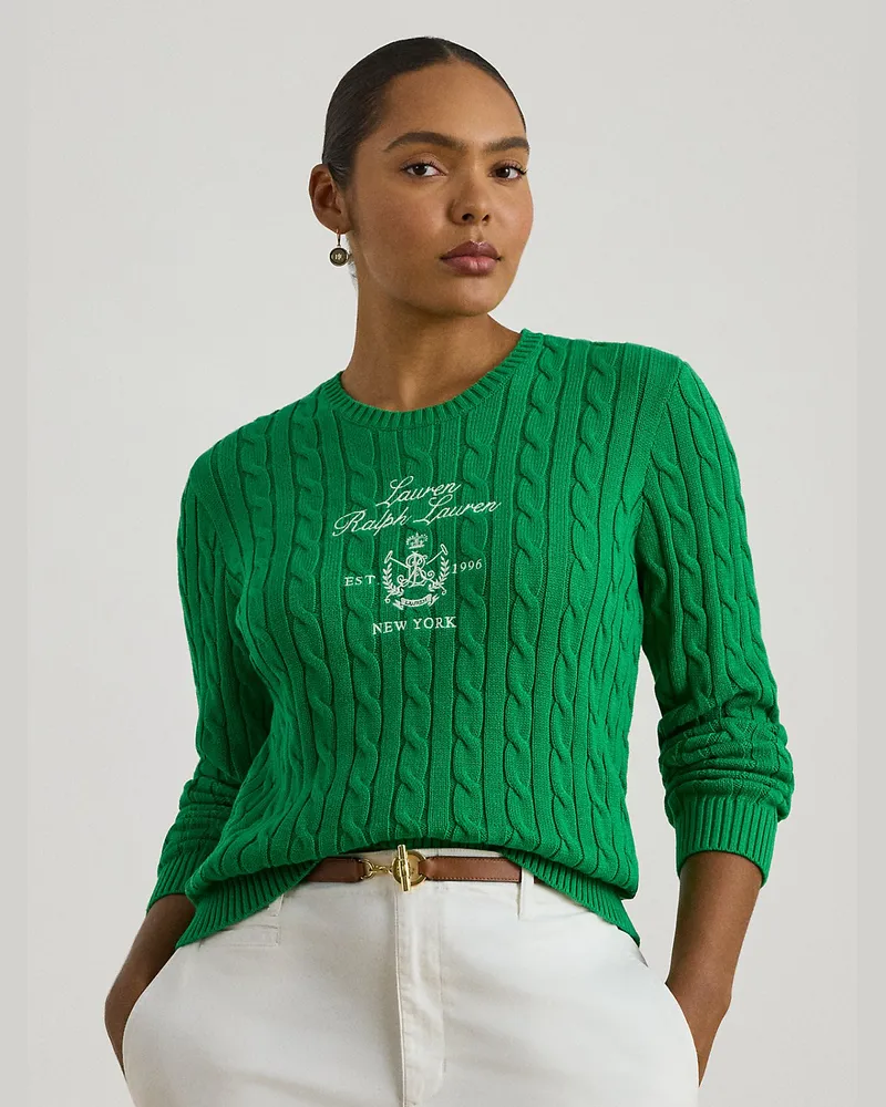 Ralph Lauren Plus Größen - Zopfmusterpullover mit gesticktem Wappen Green