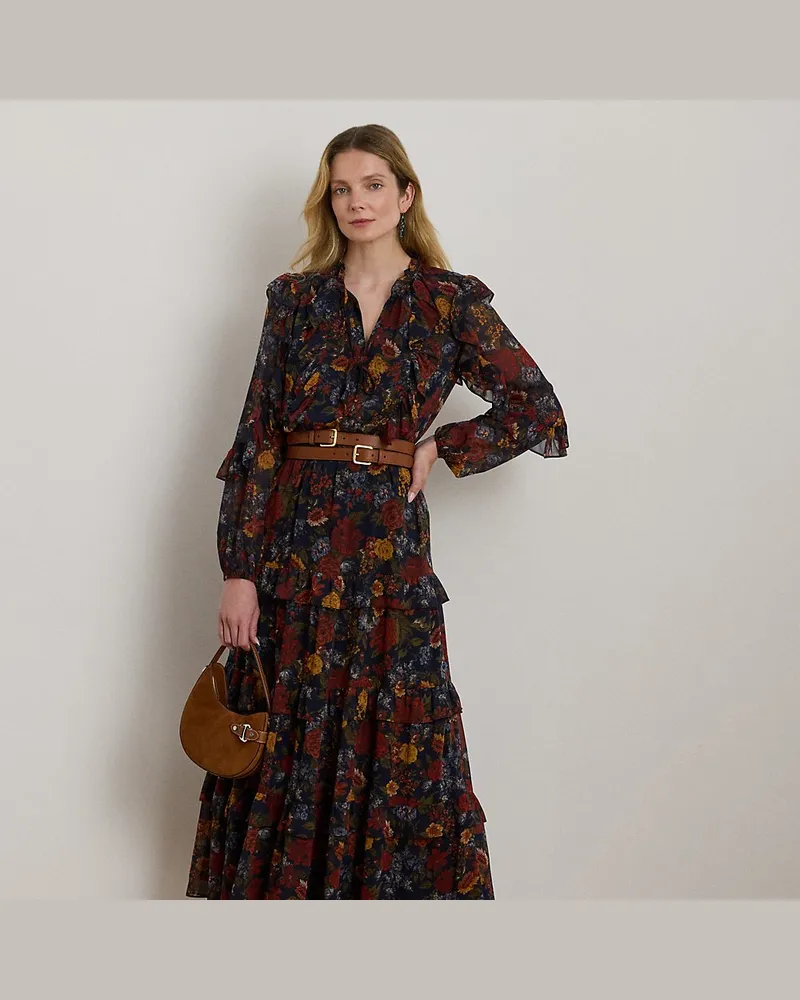 Ralph Lauren Geblümtes Stufenkleid aus Georgette Blue