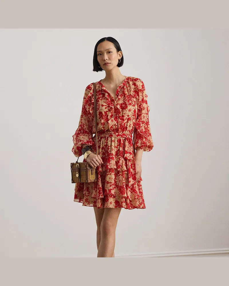 Ralph Lauren Gestuftes Georgette-Kleid mit Rüschen Red