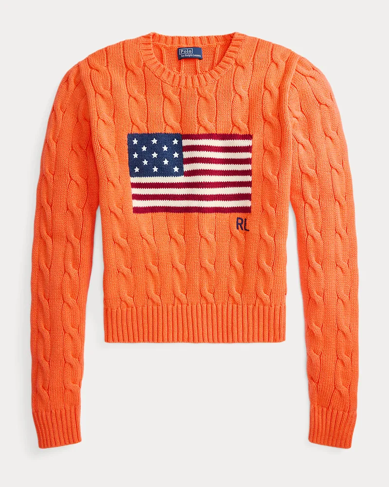 Ralph Lauren Kurzer Zopfmusterpullover mit US-Flagge Orange