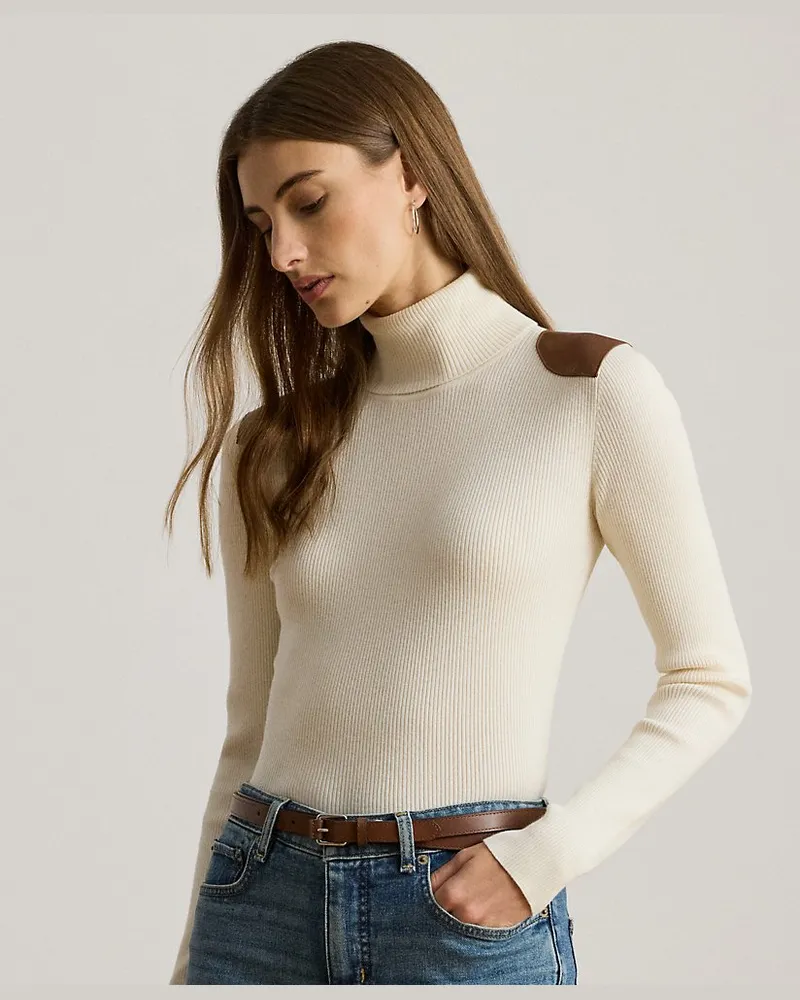 Ralph Lauren Rollkragenpullover mit Kunstlederbesatz Cream