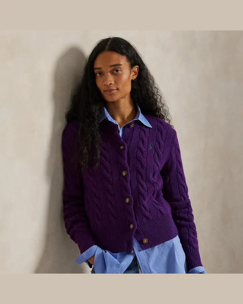 Ralph Lauren Woll-Kaschmir-Strickjacke mit Zopfmuster Purple
