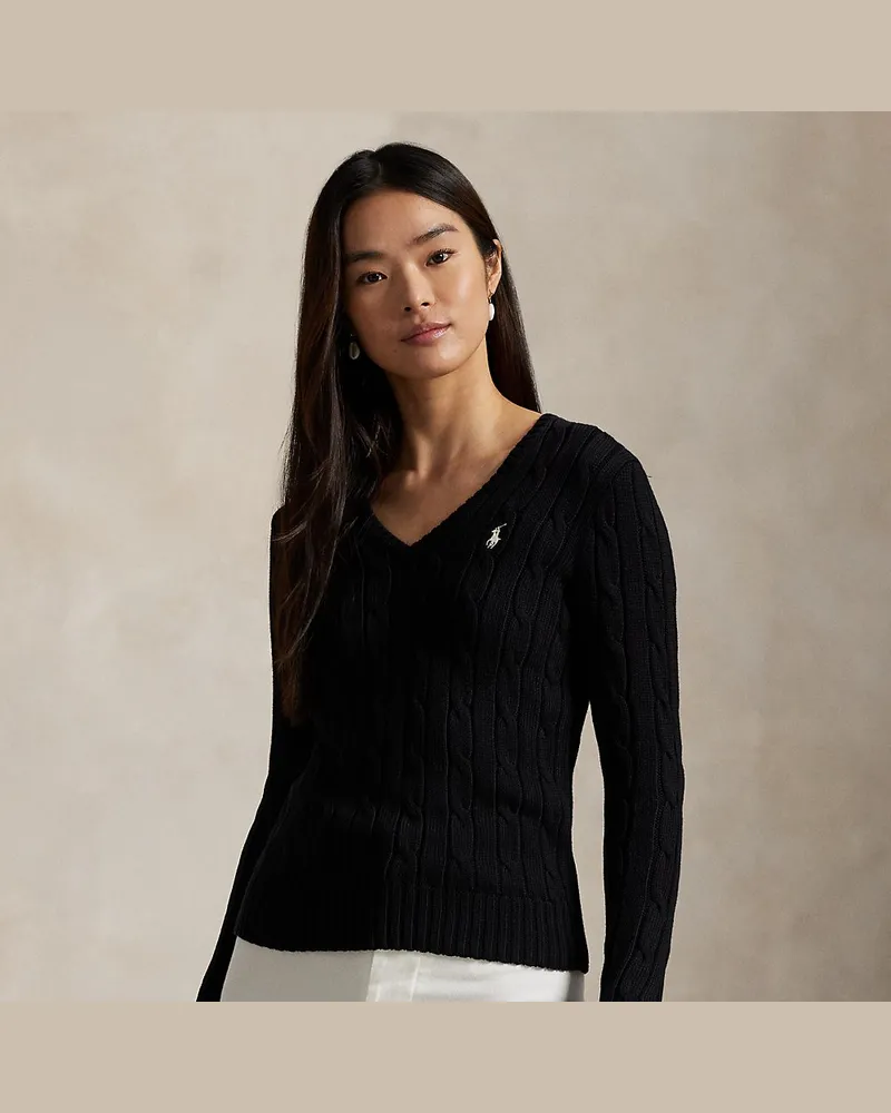 Ralph Lauren Zopfmusterpullover mit V-Ausschnitt Black