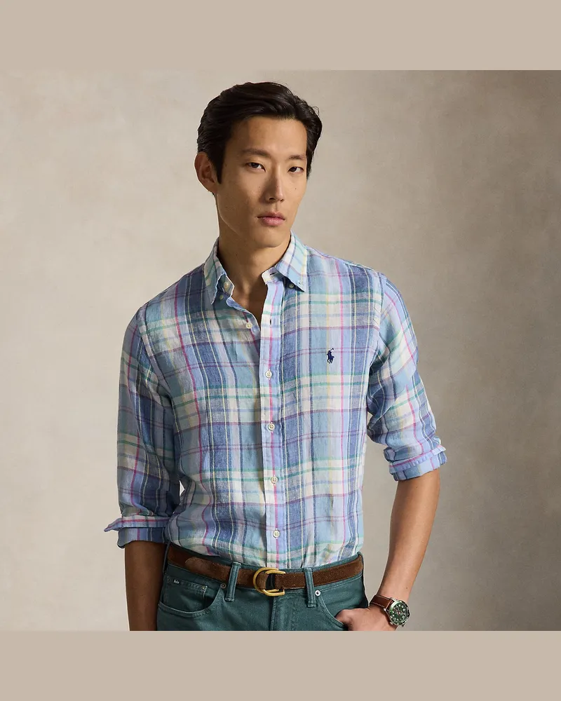 Ralph Lauren Kariertes Custom-Fit Hemd aus Leinen Blue