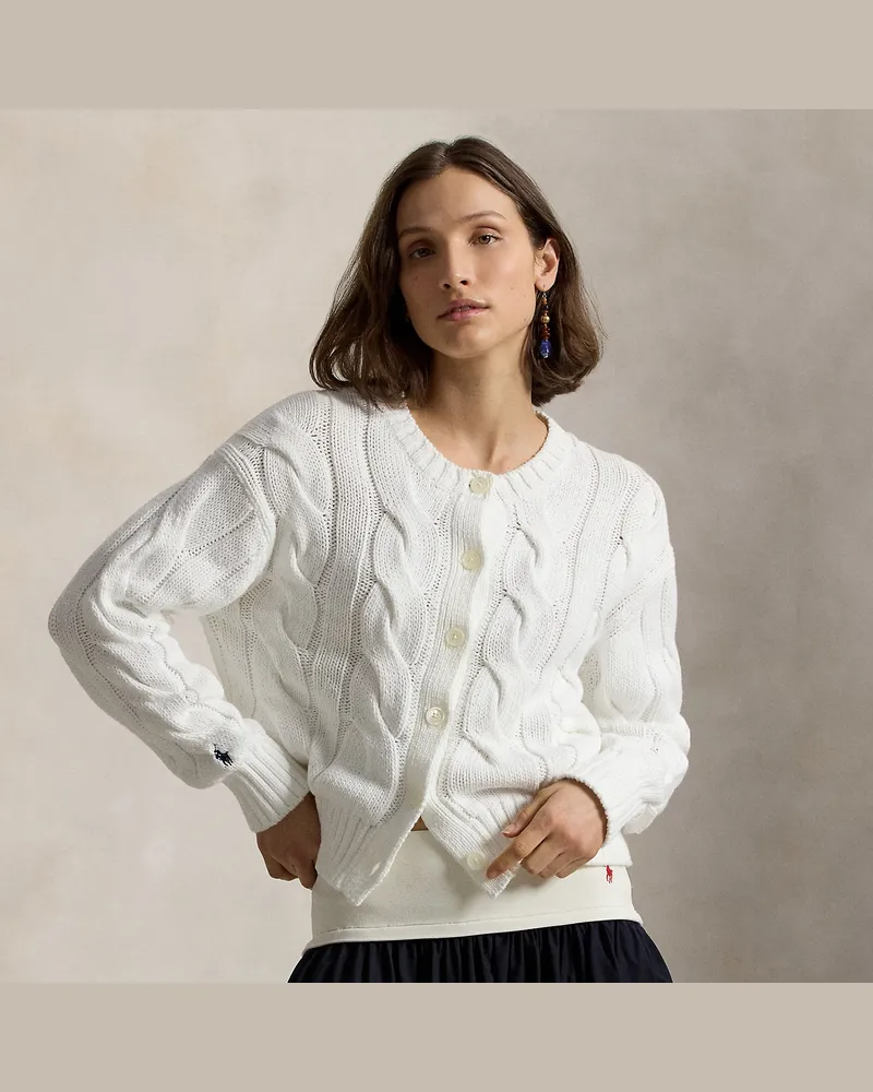 Ralph Lauren Rundhalsstrickjacke mit Zopfmuster White