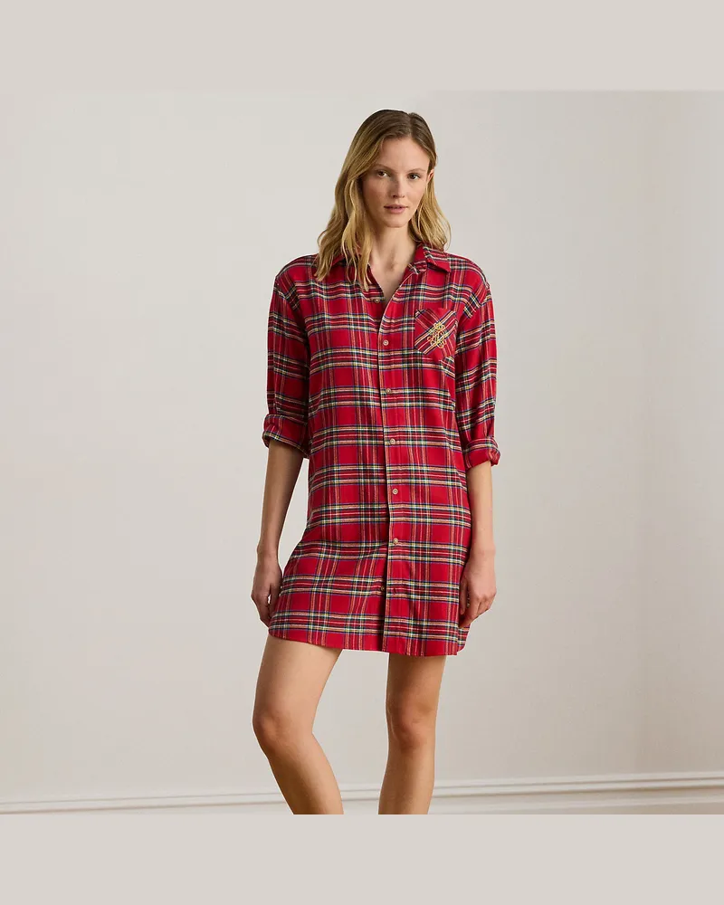 Ralph Lauren Kariertes Nachthemd aus angerautem Twill Red
